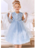 Feifei Sleeves Sky Blue Tulle Floral Flower Girl Dress